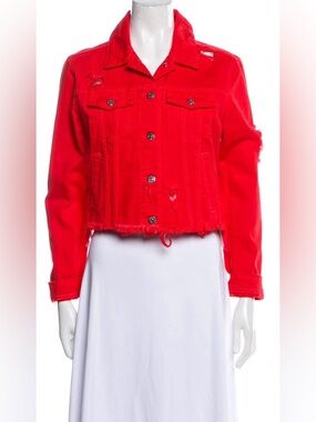 Veronica Beard XS Distressed Neon Red Cropped Denim Jacket Frayed Hem Trucker
